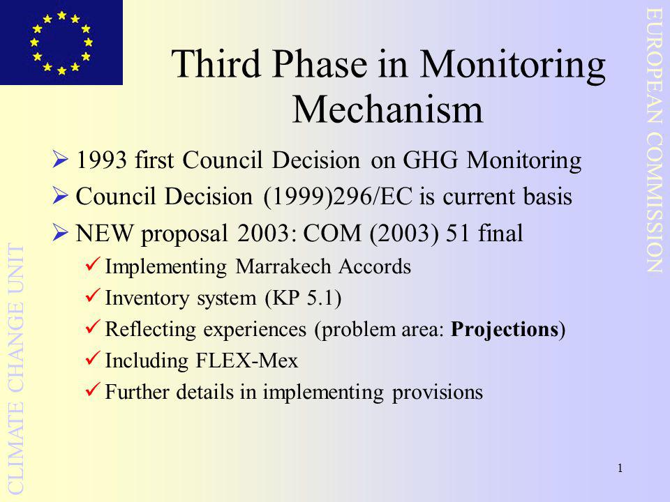 1 EUROPEAN COMMISSION CLIMATE CHANGE UNIT Third Phase in Monitoring Mechanism  1993 first Council Decision on GHG Monitoring  Council Decision (1999)296/EC is current basis  NEW proposal 2003: COM (2003) 51 final Implementing Marrakech Accords Inventory system (KP 5.1) Reflecting experiences (problem area: Projections) Including FLEX-Mex Further details in implementing provisions