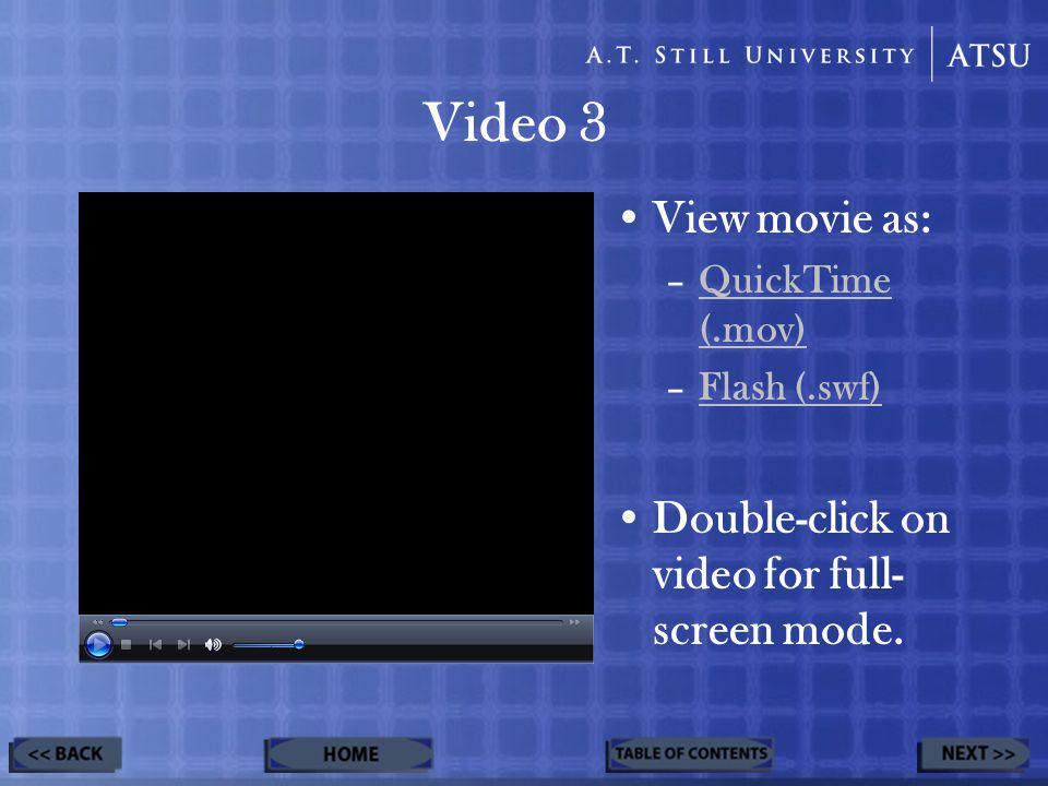 Video 3 View movie as: –QuickTime (.mov)QuickTime (.mov) –Flash (.swf)Flash (.swf) Double-click on video for full- screen mode.