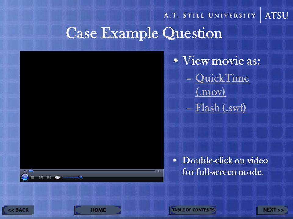 Case Example Question View movie as: –QuickTime (.mov)QuickTime (.mov) –Flash (.swf)Flash (.swf) Double-click on video for full-screen mode.