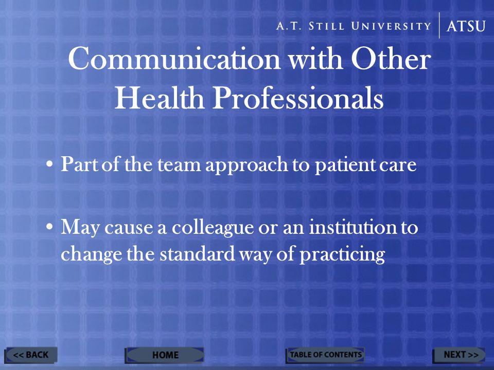 Communication with Other Health Professionals Part of the team approach to patient care May cause a colleague or an institution to change the standard way of practicing