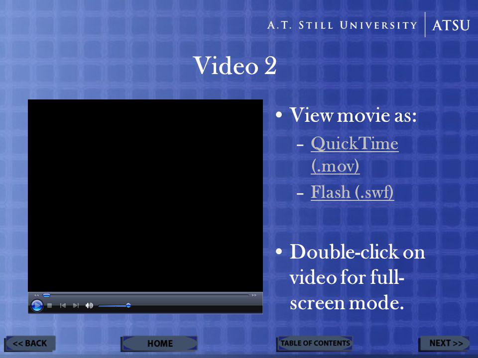 Video 2 View movie as: –QuickTime (.mov)QuickTime (.mov) –Flash (.swf)Flash (.swf) Double-click on video for full- screen mode.