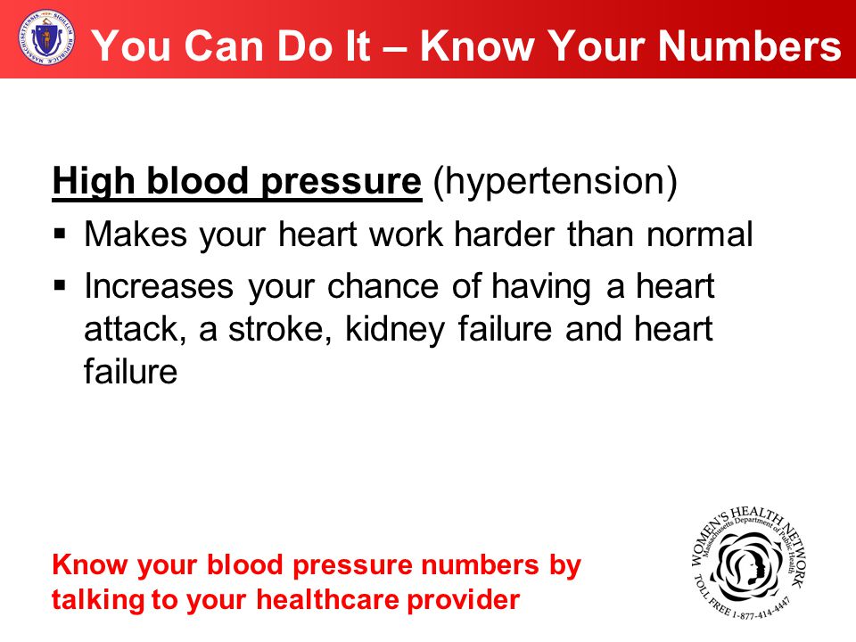 You Can Do It – Know Your Numbers High blood pressure (hypertension)  Makes your heart work harder than normal  Increases your chance of having a heart attack, a stroke, kidney failure and heart failure Know your blood pressure numbers by talking to your healthcare provider