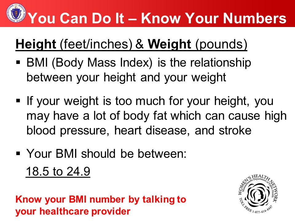 You Can Do It – Know Your Numbers Height (feet/inches) & Weight (pounds)  BMI (Body Mass Index) is the relationship between your height and your weight  If your weight is too much for your height, you may have a lot of body fat which can cause high blood pressure, heart disease, and stroke  Your BMI should be between: 18.5 to 24.9 Know your BMI number by talking to your healthcare provider