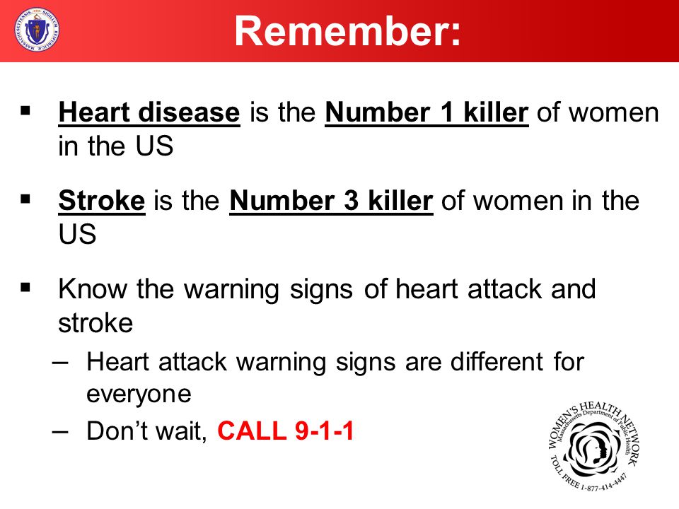  Heart disease is the Number 1 killer of women in the US  Stroke is the Number 3 killer of women in the US  Know the warning signs of heart attack and stroke – Heart attack warning signs are different for everyone – Don’t wait, CALL Remember: