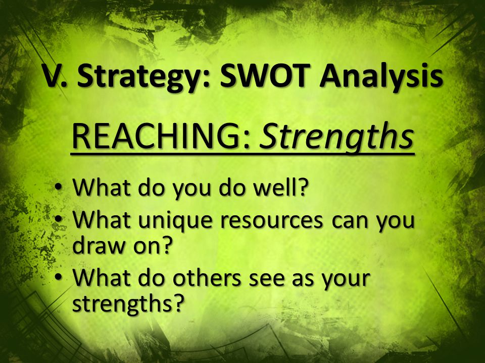 V. Strategy: SWOT Analysis REACHING: Strengths What do you do well.