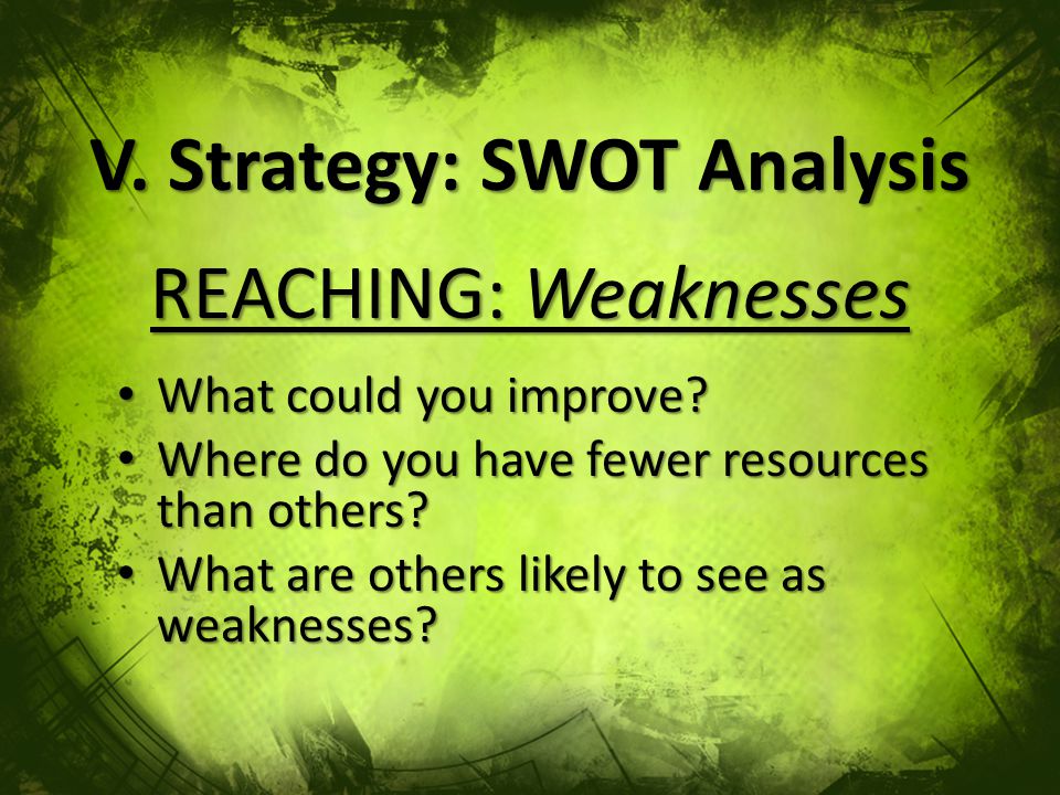 V. Strategy: SWOT Analysis REACHING: Weaknesses What could you improve.