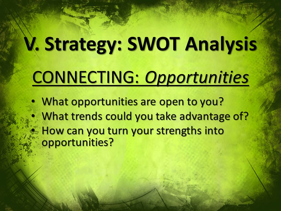 V. Strategy: SWOT Analysis CONNECTING: Opportunities What opportunities are open to you.