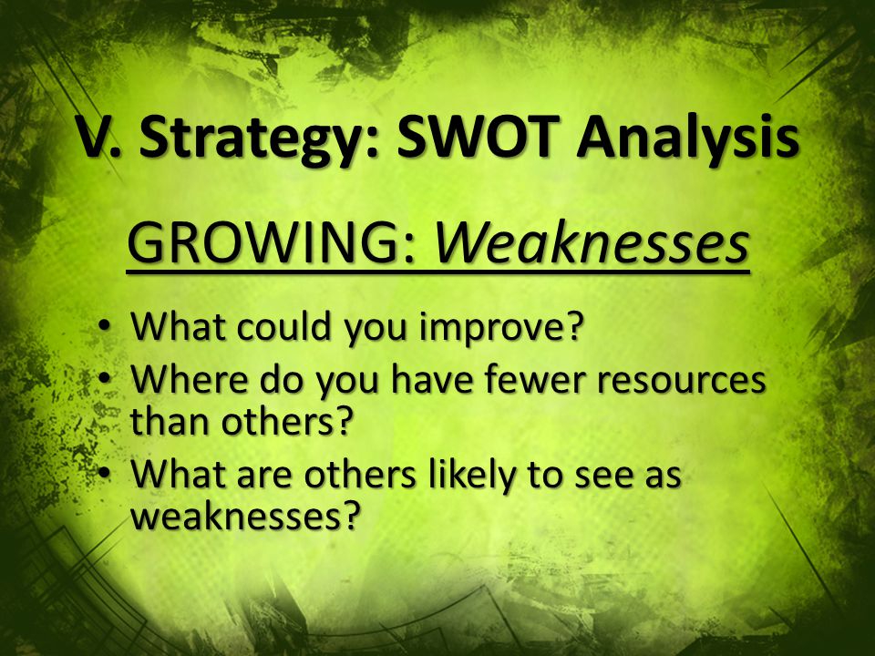 V. Strategy: SWOT Analysis GROWING: Weaknesses What could you improve.