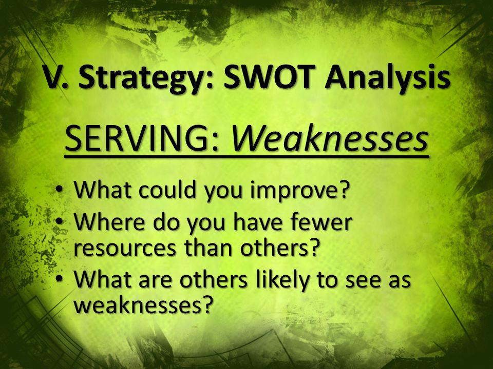 V. Strategy: SWOT Analysis SERVING: Weaknesses What could you improve.