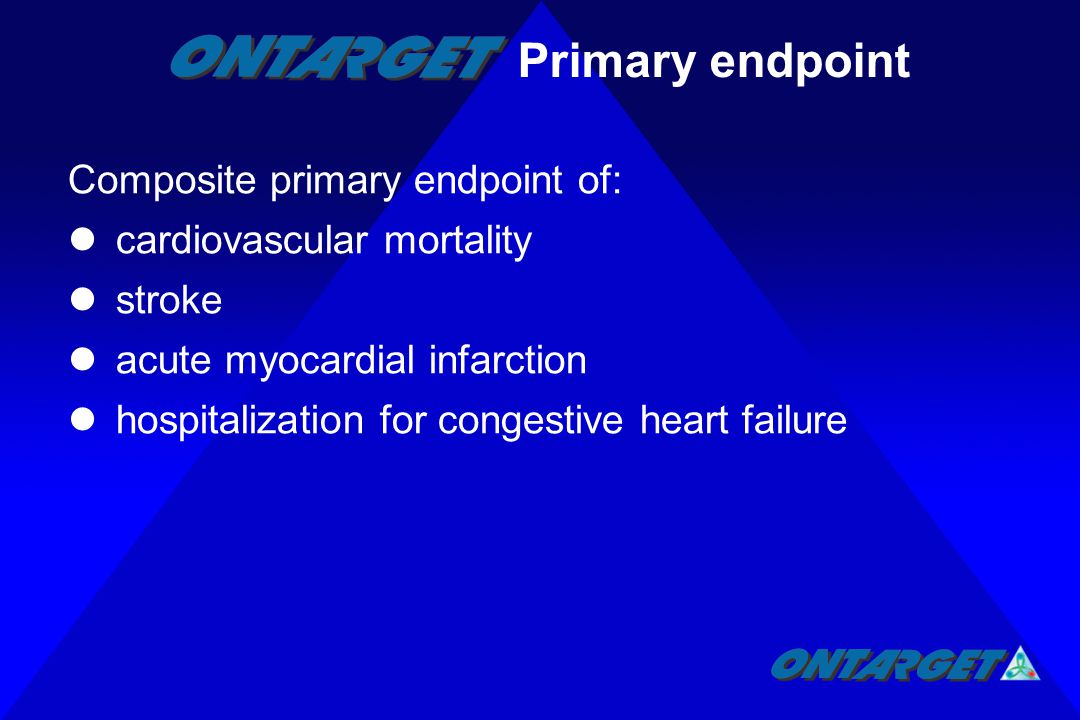 Composite primary endpoint of: cardiovascular mortality stroke acute myocardial infarction hospitalization for congestive heart failure Primary endpoint