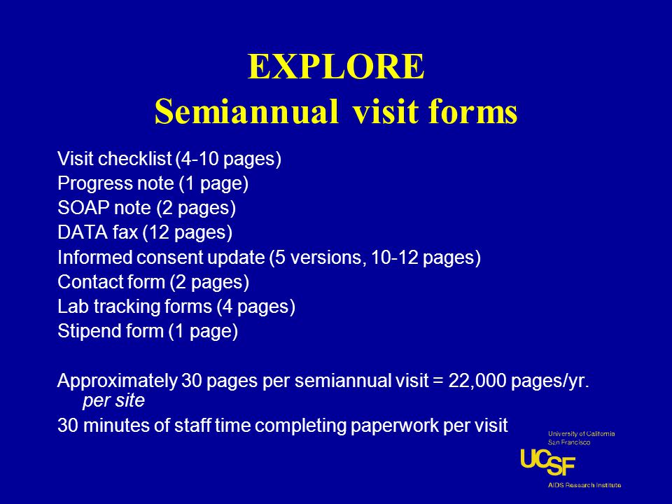 EXPLORE Semiannual visit forms Visit checklist (4-10 pages) Progress note (1 page) SOAP note (2 pages) DATA fax (12 pages) Informed consent update (5 versions, pages) Contact form (2 pages) Lab tracking forms (4 pages) Stipend form (1 page) Approximately 30 pages per semiannual visit = 22,000 pages/yr.