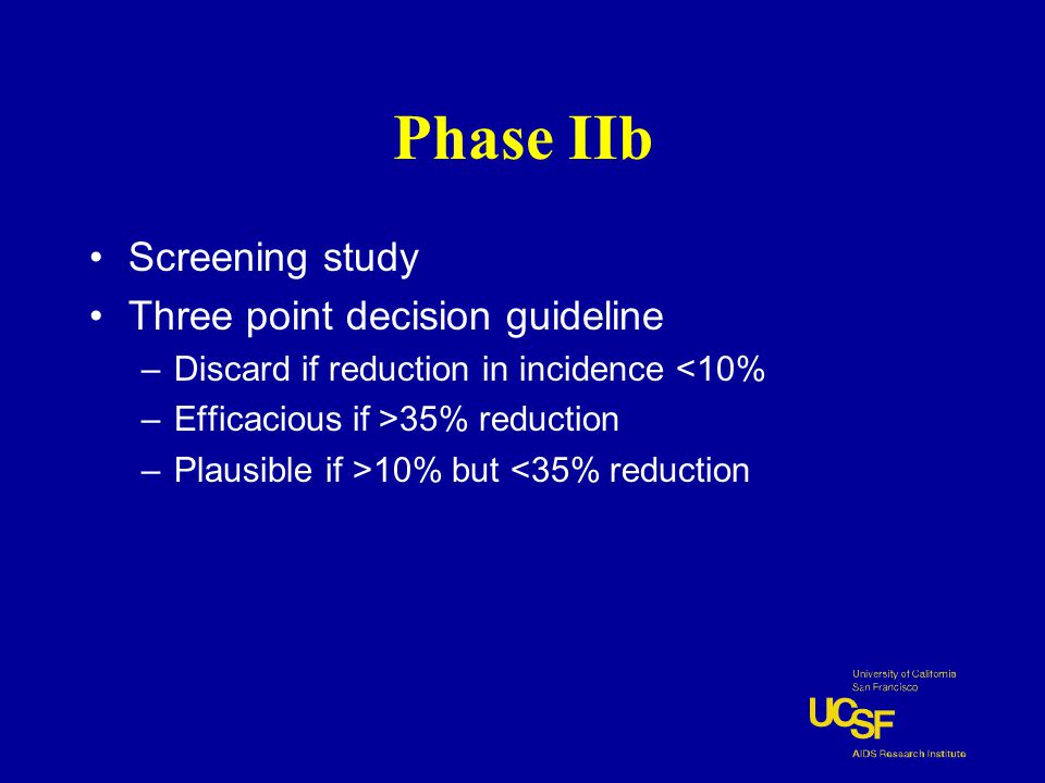Phase IIb Screening study Three point decision guideline –Discard if reduction in incidence <10% –Efficacious if >35% reduction –Plausible if >10% but <35% reduction