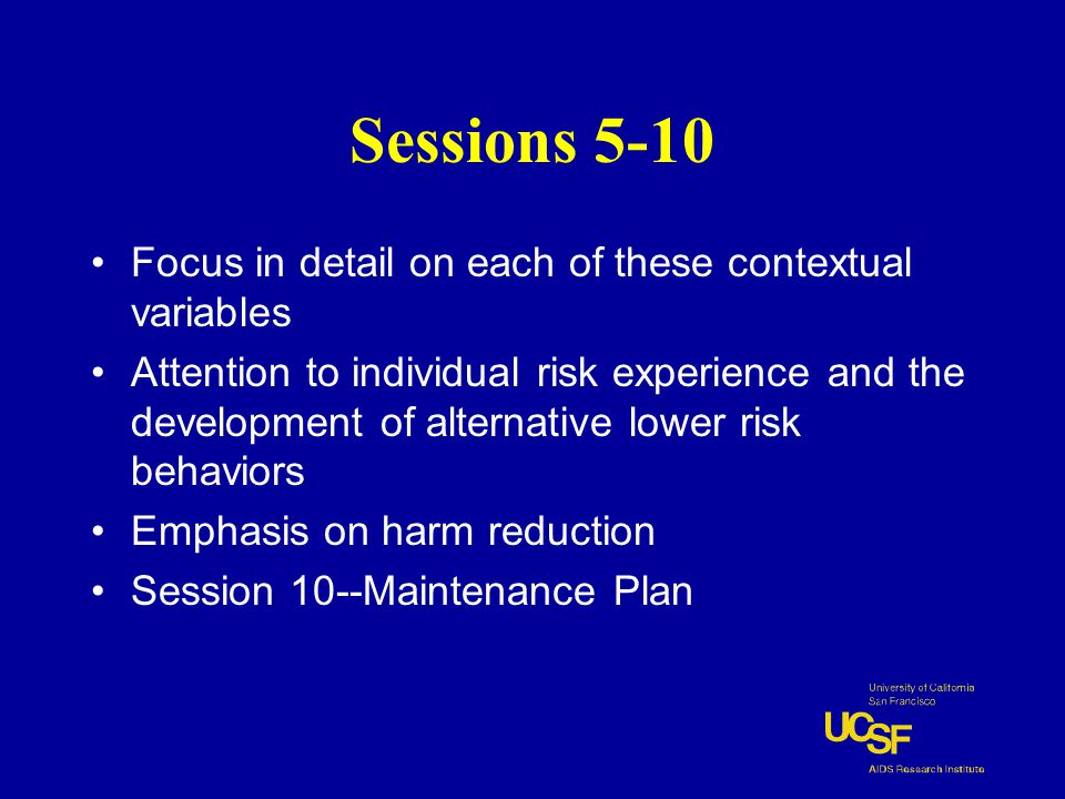 Sessions 5-10 Focus in detail on each of these contextual variables Attention to individual risk experience and the development of alternative lower risk behaviors Emphasis on harm reduction Session 10--Maintenance Plan