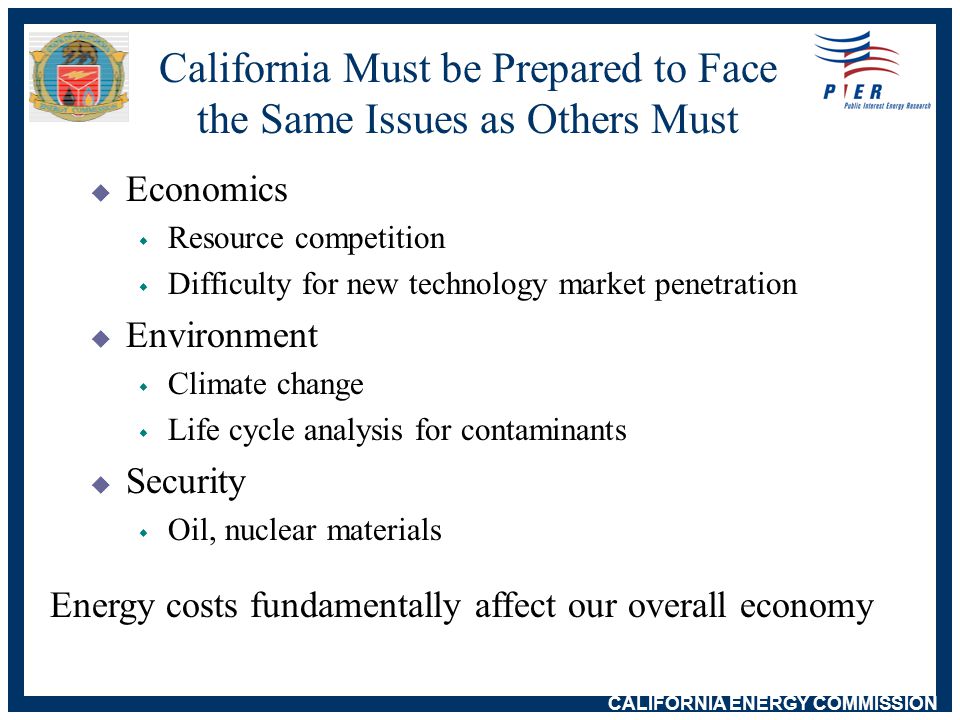 CALIFORNIA ENERGY COMMISSION California Must be Prepared to Face the Same Issues as Others Must  Economics w Resource competition w Difficulty for new technology market penetration  Environment w Climate change w Life cycle analysis for contaminants  Security w Oil, nuclear materials Energy costs fundamentally affect our overall economy
