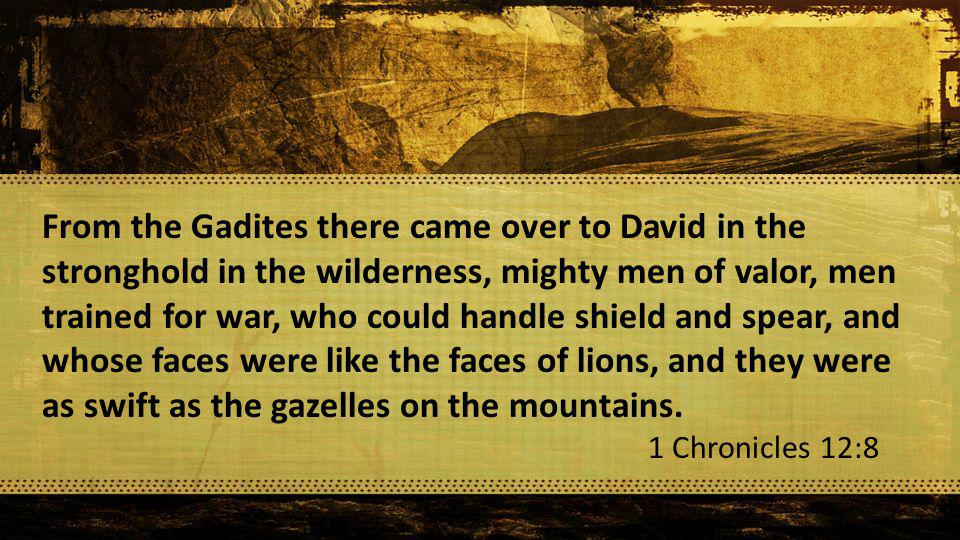 From the Gadites there came over to David in the stronghold in the wilderness, mighty men of valor, men trained for war, who could handle shield and spear, and whose faces were like the faces of lions, and they were as swift as the gazelles on the mountains.