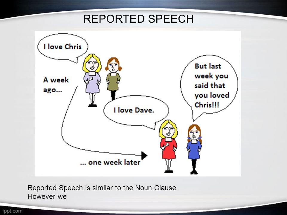 REPORTED SPEECH Reported Speech is similar to the Noun Clause. However we