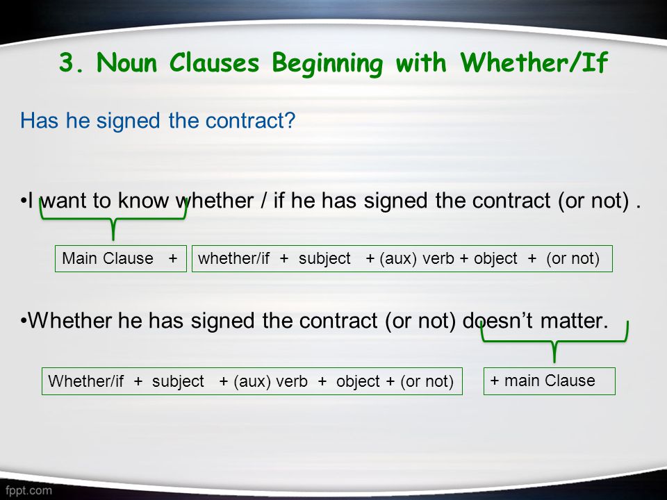 3. Noun Clauses Beginning with Whether/If Has he signed the contract.