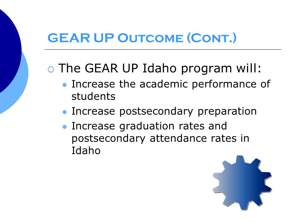 GEAR UP Outcome (Cont.)  The GEAR UP Idaho program will: Increase the academic performance of students Increase postsecondary preparation Increase graduation rates and postsecondary attendance rates in Idaho