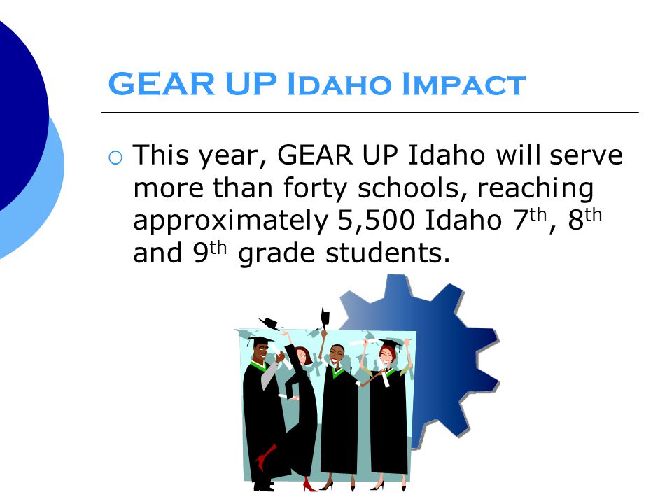 GEAR UP Idaho Impact  This year, GEAR UP Idaho will serve more than forty schools, reaching approximately 5,500 Idaho 7 th, 8 th and 9 th grade students.