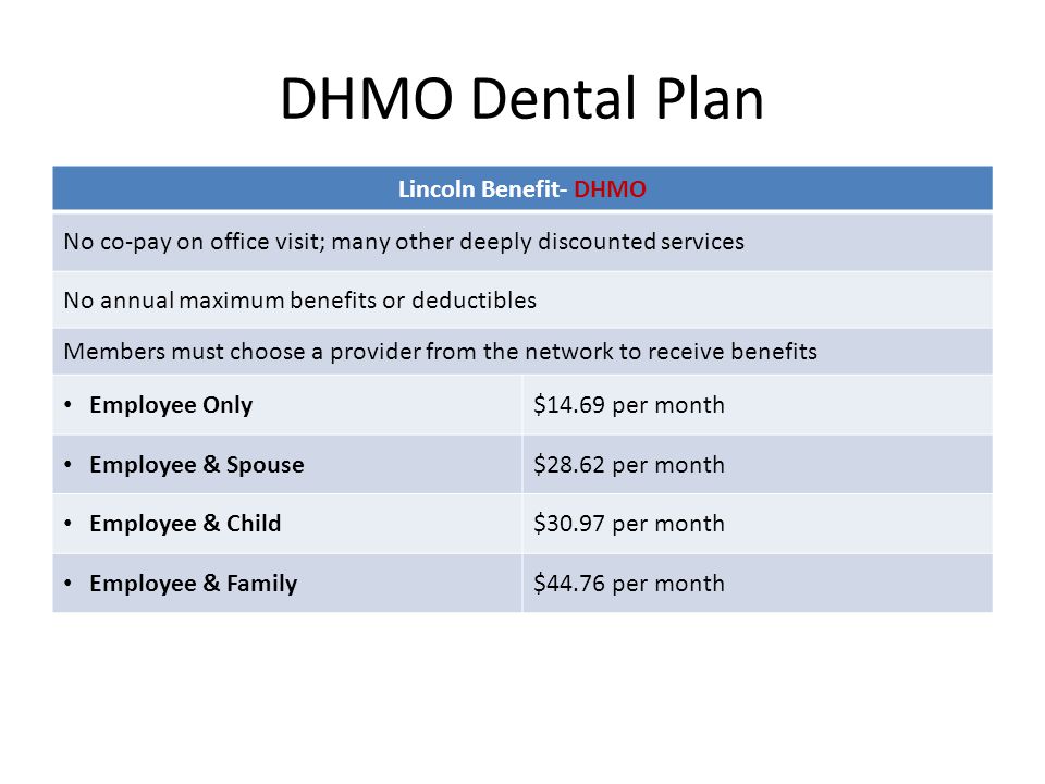 DHMO Dental Plan Lincoln Benefit- DHMO No co-pay on office visit; many other deeply discounted services No annual maximum benefits or deductibles Members must choose a provider from the network to receive benefits Employee Only$14.69 per month Employee & Spouse$28.62 per month Employee & Child$30.97 per month Employee & Family$44.76 per month