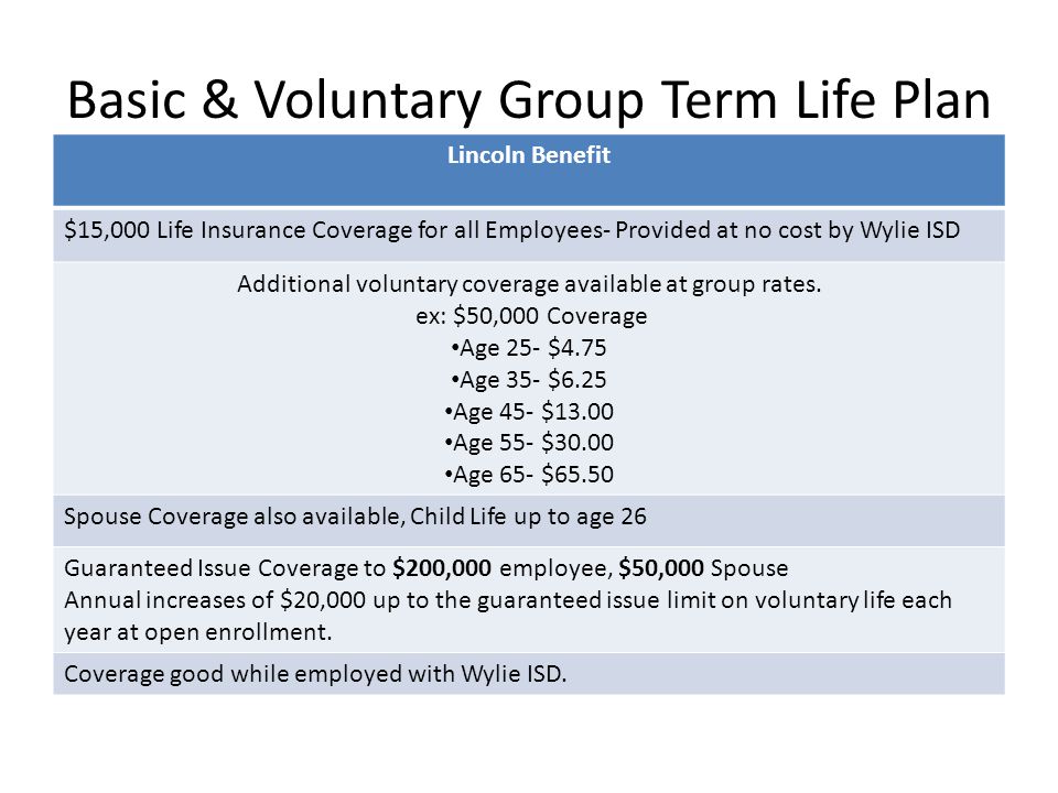 Basic & Voluntary Group Term Life Plan Lincoln Benefit $15,000 Life Insurance Coverage for all Employees- Provided at no cost by Wylie ISD Additional voluntary coverage available at group rates.