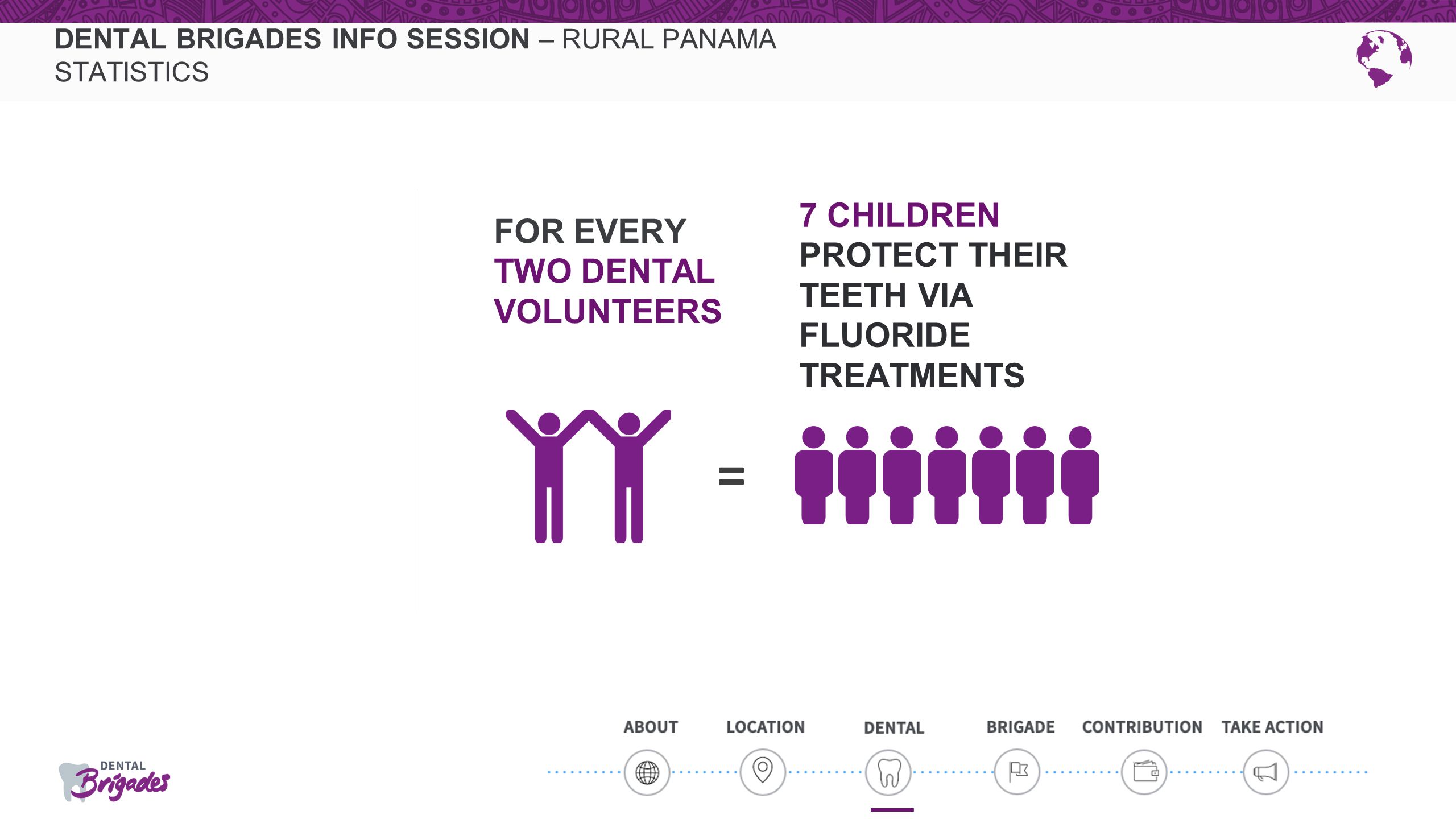 DENTAL BRIGADES INFO SESSION – RURAL PANAMA STATISTICS FOR EVERY TWO DENTAL VOLUNTEERS 7 CHILDREN PROTECT THEIR TEETH VIA FLUORIDE TREATMENTS =