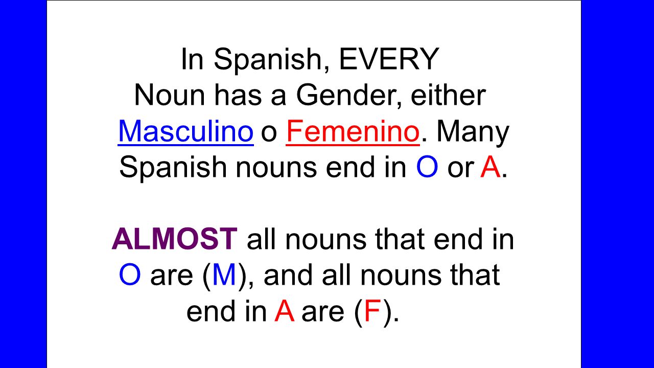 In Spanish, EVERY Noun has a Gender, either Masculino o Femenino.
