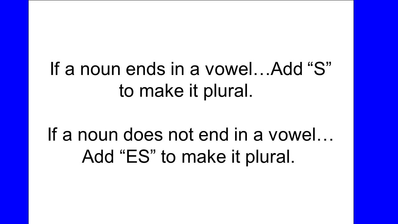 If a noun ends in a vowel…Add S to make it plural.