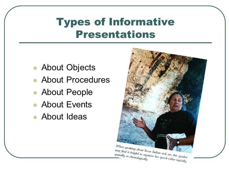 Types of Informative Presentations About Objects About Procedures About People About Events About Ideas