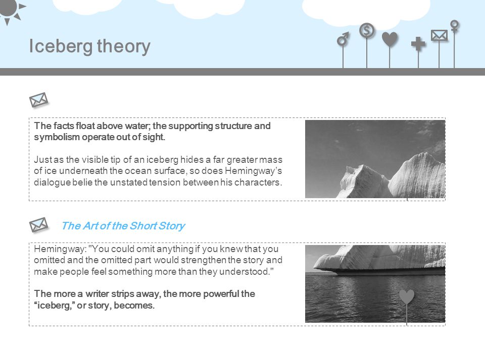 $ $ Iceberg theory The facts float above water; the supporting structure and symbolism operate out of sight.