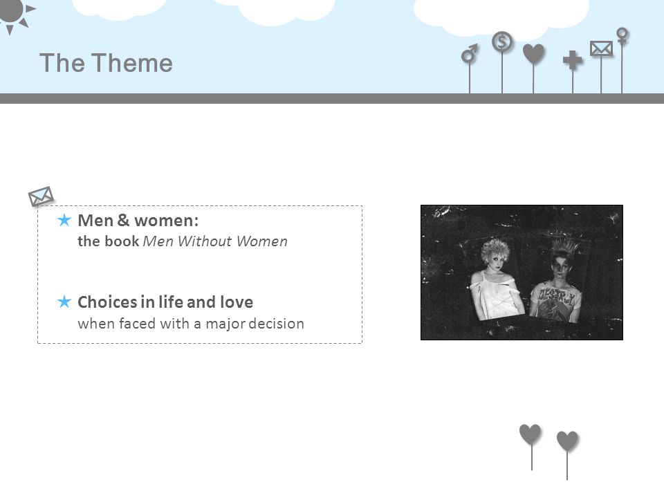 $ $ The Theme ★ Men & women: the book Men Without Women ★ Choices in life and love when faced with a major decision