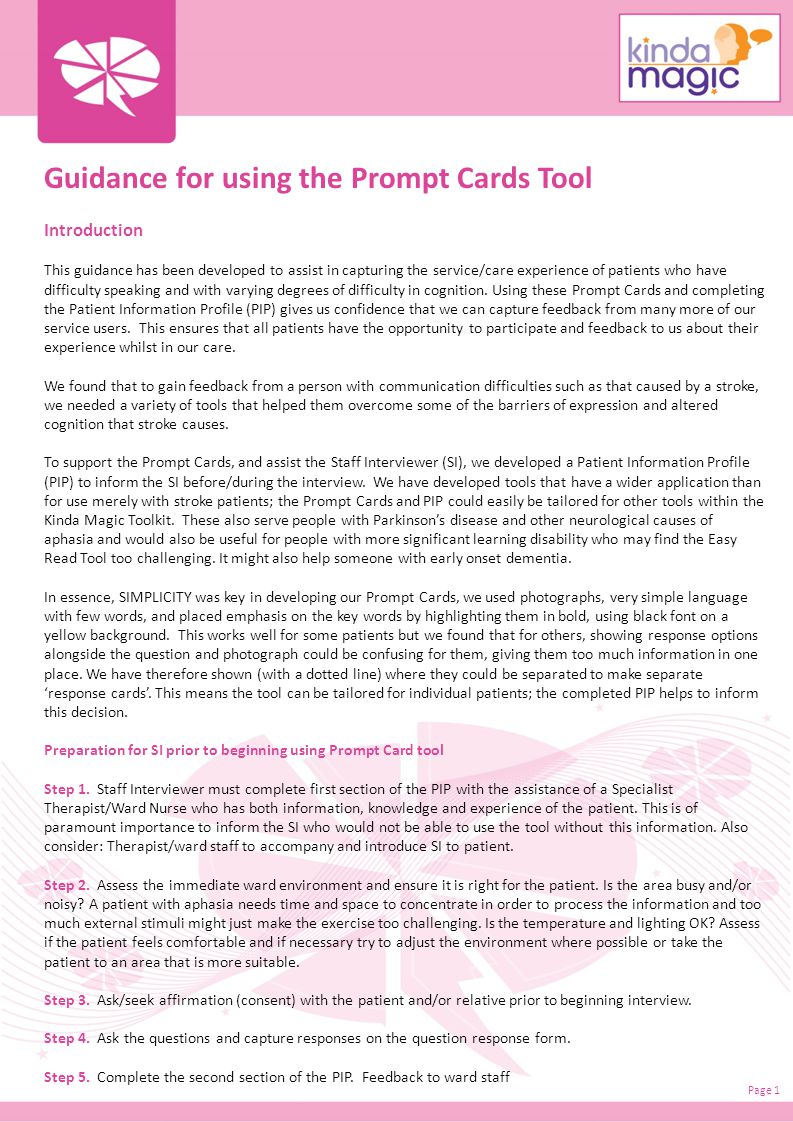 Guidance for using the Prompt Cards Tool Introduction This guidance has been developed to assist in capturing the service/care experience of patients who have difficulty speaking and with varying degrees of difficulty in cognition.