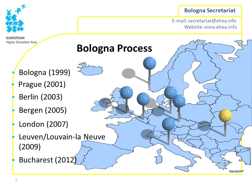 Website:   Bologna Secretariat 2 Bucharest (2012) Bologna Process Bologna (1999) Prague (2001) Berlin (2003) Bergen (2005) London (2007) Leuven/Louvain-la Neuve (2009)