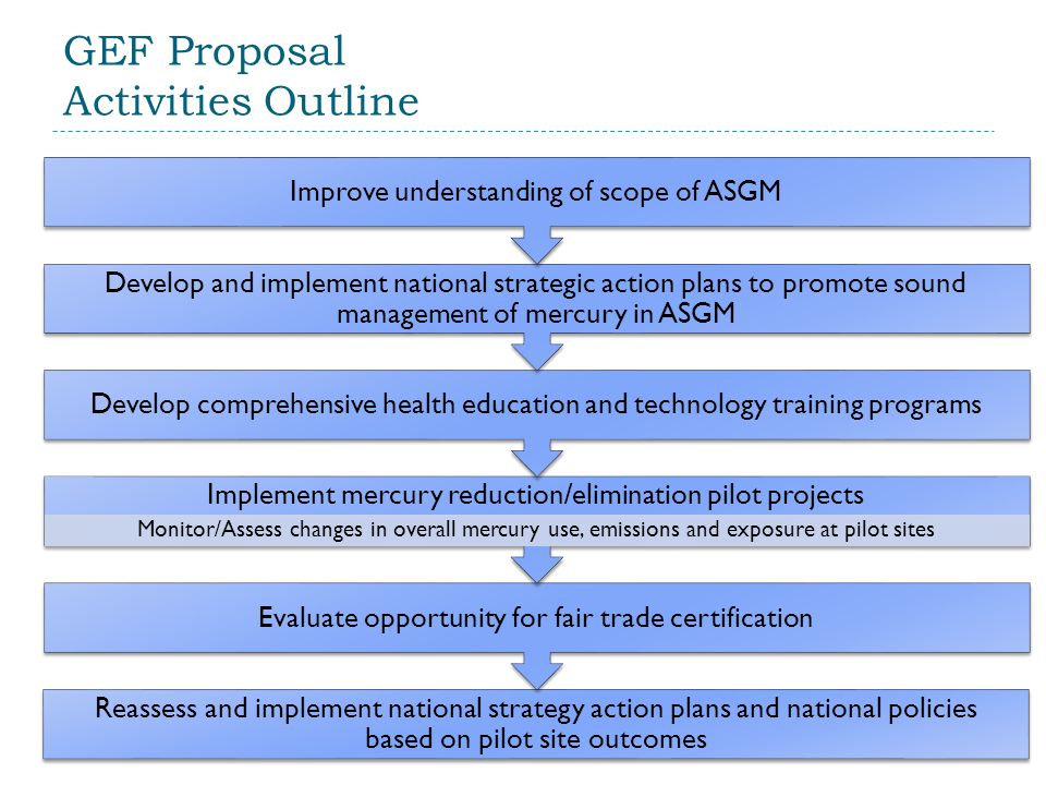GEF Proposal Activities Outline Reassess and implement national strategy action plans and national policies based on pilot site outcomes Evaluate opportunity for fair trade certification Implement mercury reduction/elimination pilot projects Monitor/Assess changes in overall mercury use, emissions and exposure at pilot sites Develop comprehensive health education and technology training programs Develop and implement national strategic action plans to promote sound management of mercury in ASGM Improve understanding of scope of ASGM