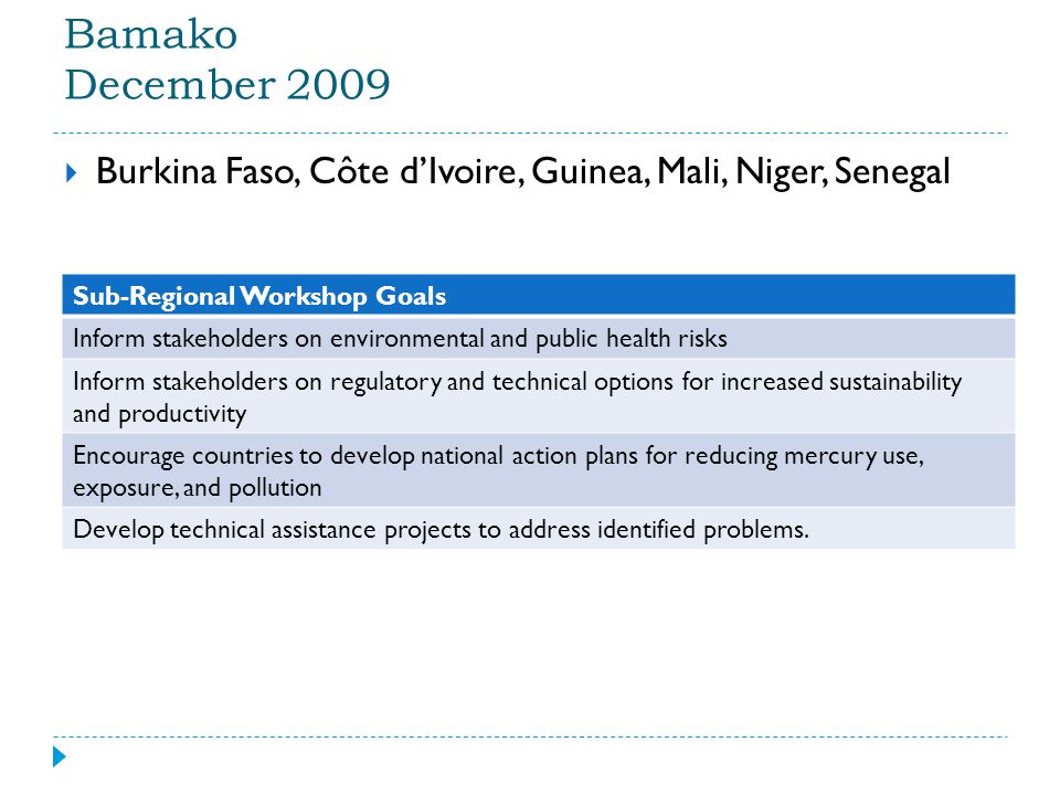 Bamako December 2009  Burkina Faso, Côte d’Ivoire, Guinea, Mali, Niger, Senegal Sub-Regional Workshop Goals Inform stakeholders on environmental and public health risks Inform stakeholders on regulatory and technical options for increased sustainability and productivity Encourage countries to develop national action plans for reducing mercury use, exposure, and pollution Develop technical assistance projects to address identified problems.