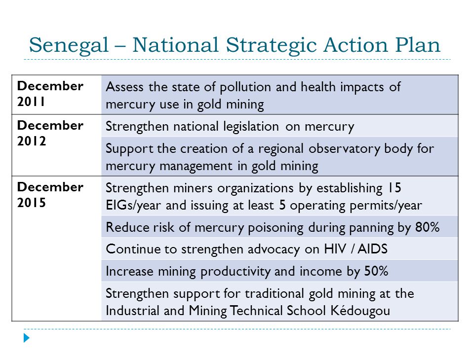 Senegal – National Strategic Action Plan December 2011 Assess the state of pollution and health impacts of mercury use in gold mining December 2012 Strengthen national legislation on mercury Support the creation of a regional observatory body for mercury management in gold mining December 2015 Strengthen miners organizations by establishing 15 EIGs/year and issuing at least 5 operating permits/year Reduce risk of mercury poisoning during panning by 80% Continue to strengthen advocacy on HIV / AIDS Increase mining productivity and income by 50% Strengthen support for traditional gold mining at the Industrial and Mining Technical School Kédougou