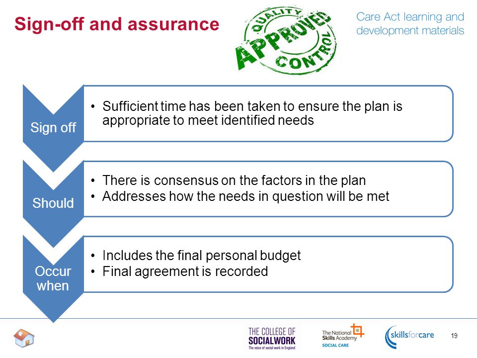 Sign-off and assurance 19 Sign off Sufficient time has been taken to ensure the plan is appropriate to meet identified needs Should There is consensus on the factors in the plan Addresses how the needs in question will be met Occur when Includes the final personal budget Final agreement is recorded