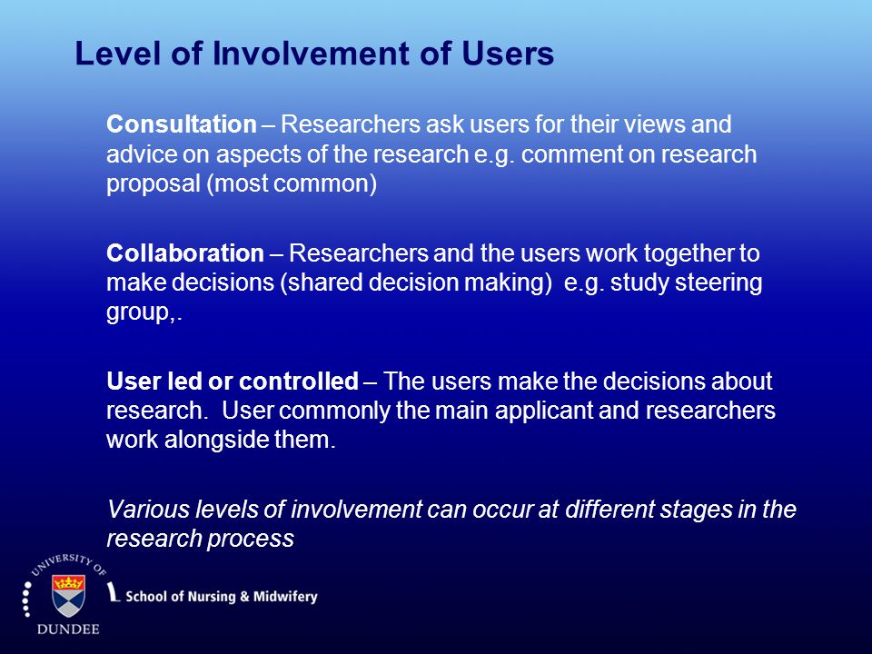 Level of Involvement of Users Consultation – Researchers ask users for their views and advice on aspects of the research e.g.