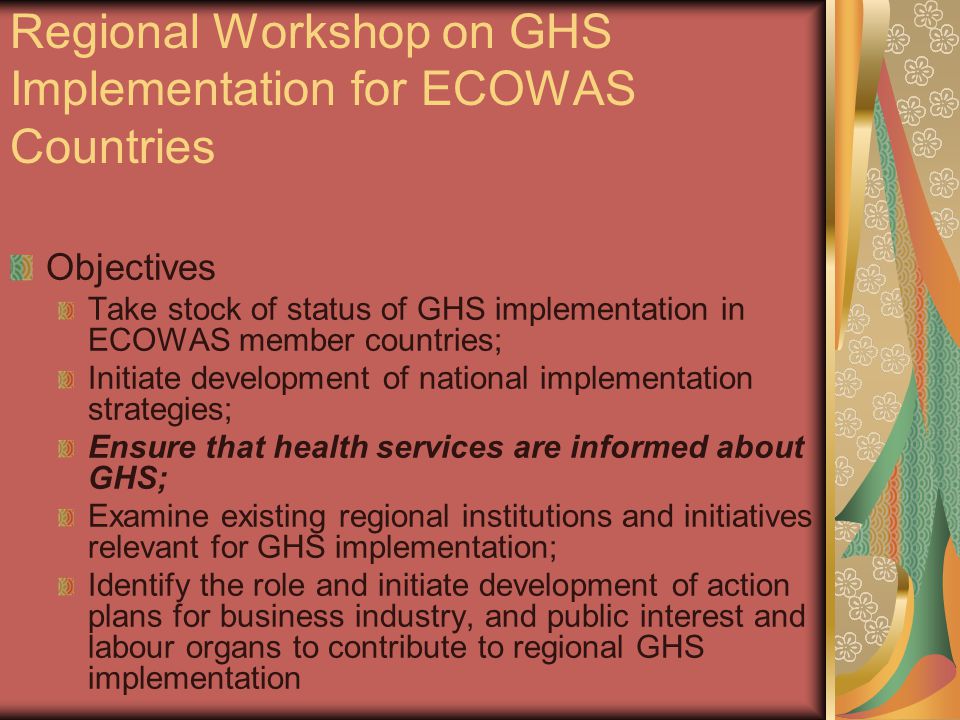 Regional Workshop on GHS Implementation for ECOWAS Countries Objectives Take stock of status of GHS implementation in ECOWAS member countries; Initiate development of national implementation strategies; Ensure that health services are informed about GHS; Examine existing regional institutions and initiatives relevant for GHS implementation; Identify the role and initiate development of action plans for business industry, and public interest and labour organs to contribute to regional GHS implementation