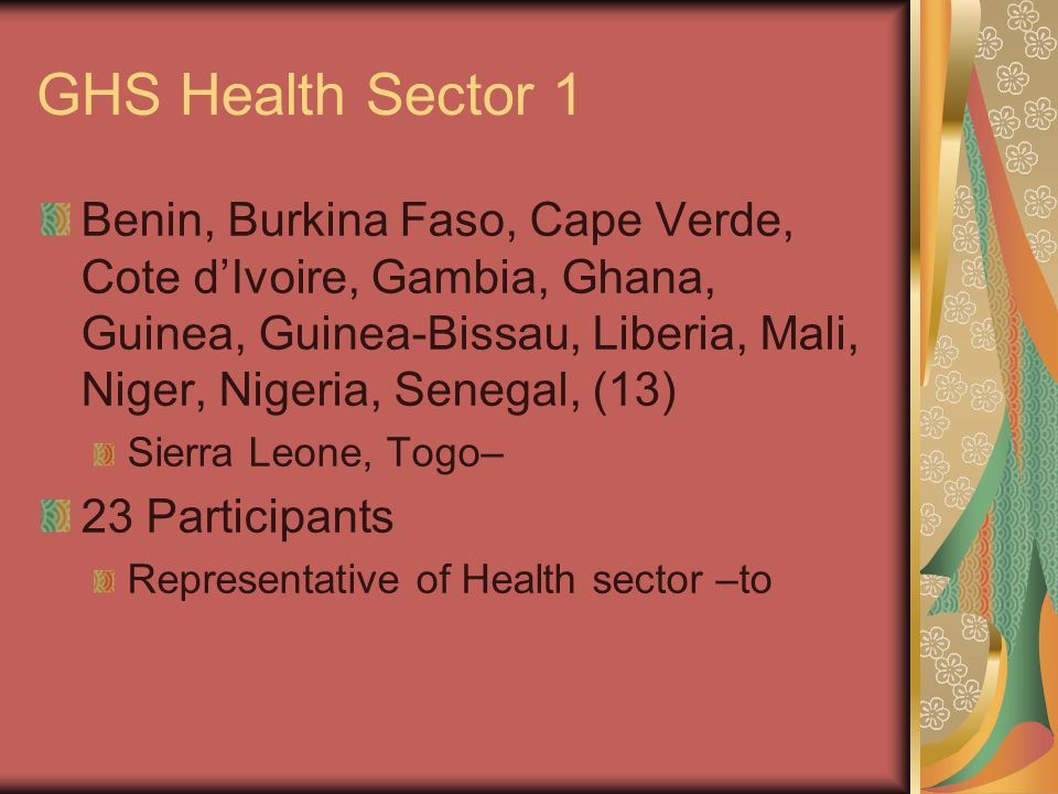 GHS Health Sector 1 Benin, Burkina Faso, Cape Verde, Cote d’Ivoire, Gambia, Ghana, Guinea, Guinea-Bissau, Liberia, Mali, Niger, Nigeria, Senegal, (13) Sierra Leone, Togo– 23 Participants Representative of Health sector –to