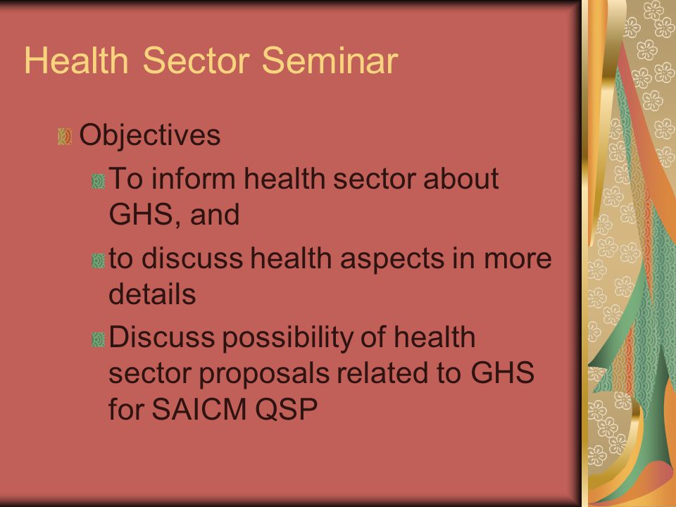Health Sector Seminar Objectives To inform health sector about GHS, and to discuss health aspects in more details Discuss possibility of health sector proposals related to GHS for SAICM QSP