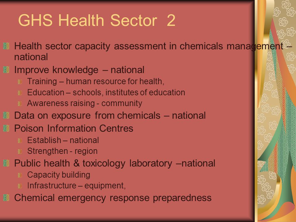 GHS Health Sector 2 Health sector capacity assessment in chemicals management – national Improve knowledge – national Training – human resource for health, Education – schools, institutes of education Awareness raising - community Data on exposure from chemicals – national Poison Information Centres Establish – national Strengthen - region Public health & toxicology laboratory –national Capacity building Infrastructure – equipment, Chemical emergency response preparedness