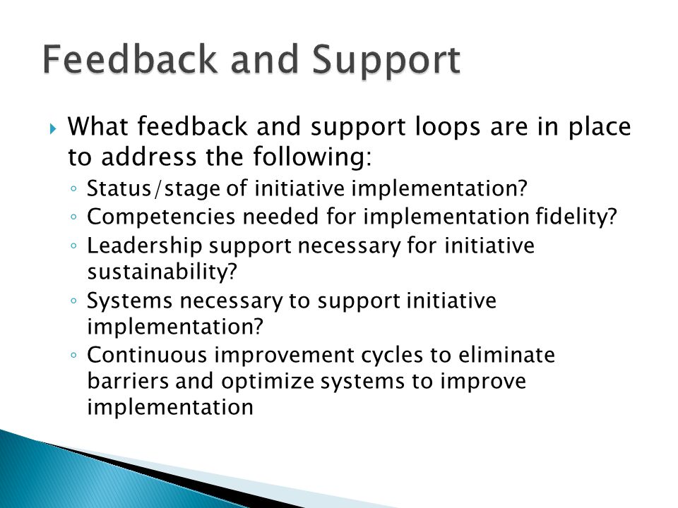  What feedback and support loops are in place to address the following: ◦ Status/stage of initiative implementation.