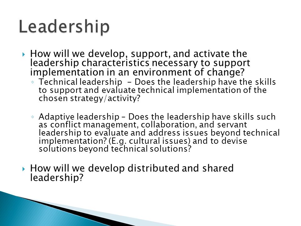 How will we develop, support, and activate the leadership characteristics necessary to support implementation in an environment of change.