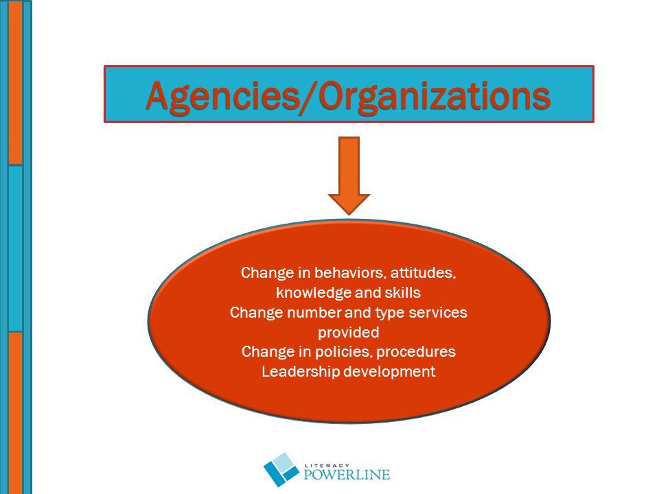 Agencies/Organizations Change in behaviors, attitudes, knowledge and skills Change number and type services provided Change in policies, procedures Leadership development