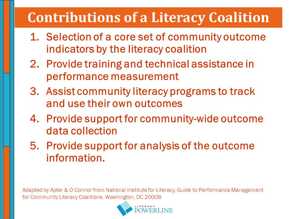 1.Selection of a core set of community outcome indicators by the literacy coalition 2.Provide training and technical assistance in performance measurement 3.Assist community literacy programs to track and use their own outcomes 4.Provide support for community-wide outcome data collection 5.Provide support for analysis of the outcome information.