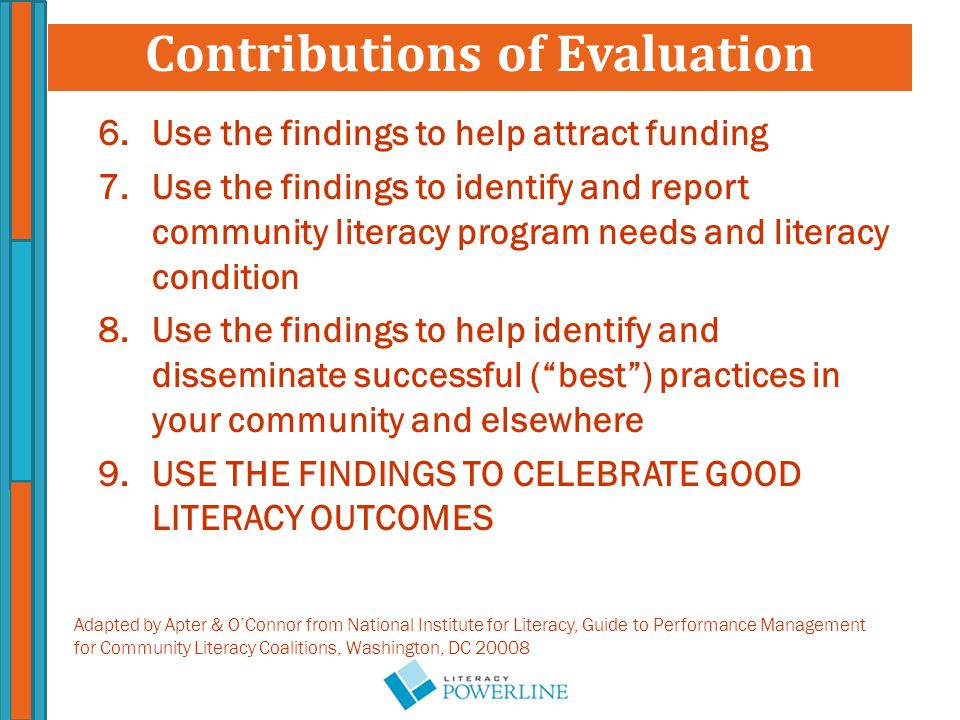 6.Use the findings to help attract funding 7.Use the findings to identify and report community literacy program needs and literacy condition 8.Use the findings to help identify and disseminate successful ( best ) practices in your community and elsewhere 9.USE THE FINDINGS TO CELEBRATE GOOD LITERACY OUTCOMES Adapted by Apter & O’Connor from National Institute for Literacy, Guide to Performance Management for Community Literacy Coalitions, Washington, DC Contributions of Evaluation