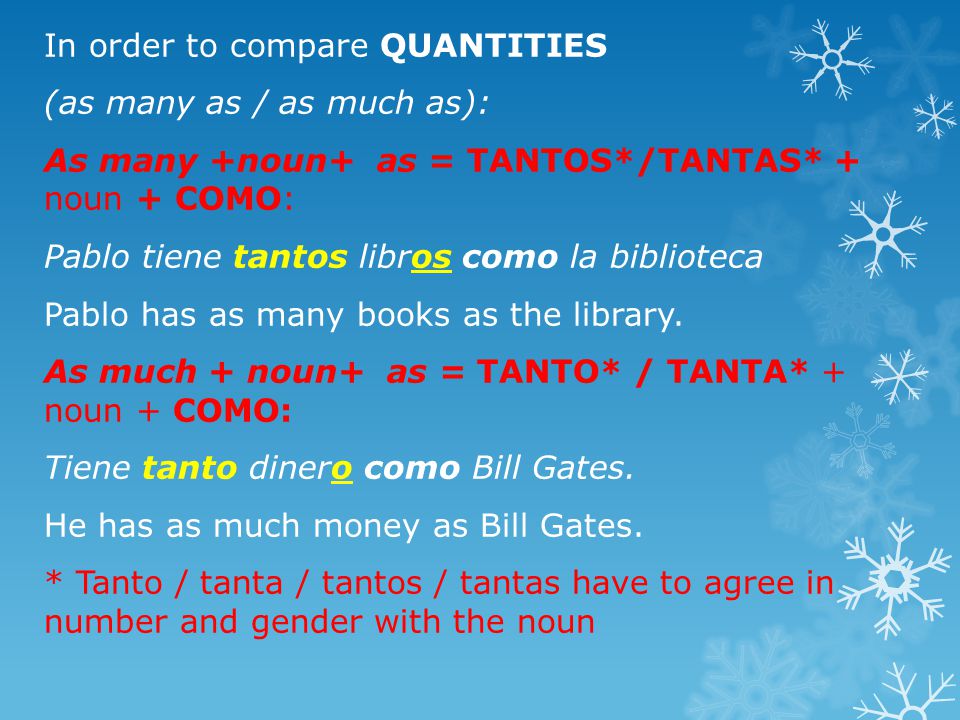 In order to compare QUANTITIES (as many as / as much as): As many +noun+ as = TANTOS*/TANTAS* + noun + COMO: Pablo tiene tantos libros como la biblioteca Pablo has as many books as the library.
