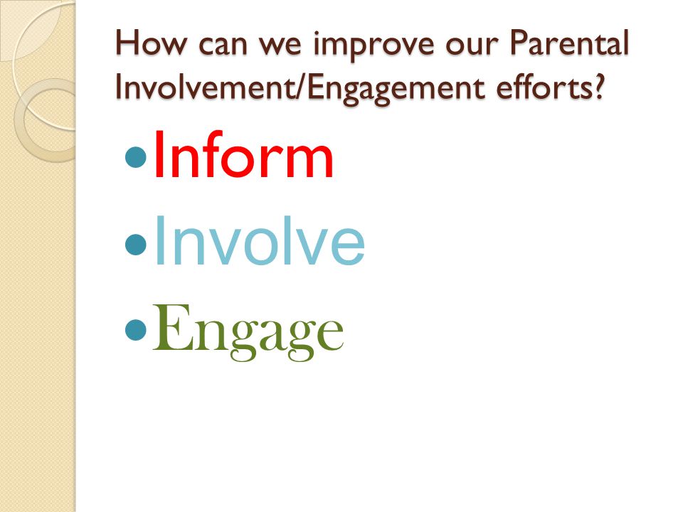 How can we improve our Parental Involvement/Engagement efforts Inform Involve Engage