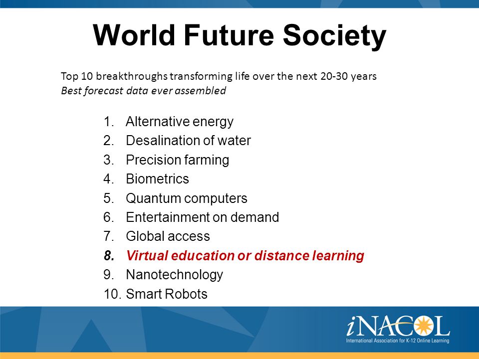 World Future Society Top 10 breakthroughs transforming life over the next years Best forecast data ever assembled 1.Alternative energy 2.Desalination of water 3.Precision farming 4.Biometrics 5.Quantum computers 6.Entertainment on demand 7.Global access 8.Virtual education or distance learning 9.Nanotechnology 10.Smart Robots
